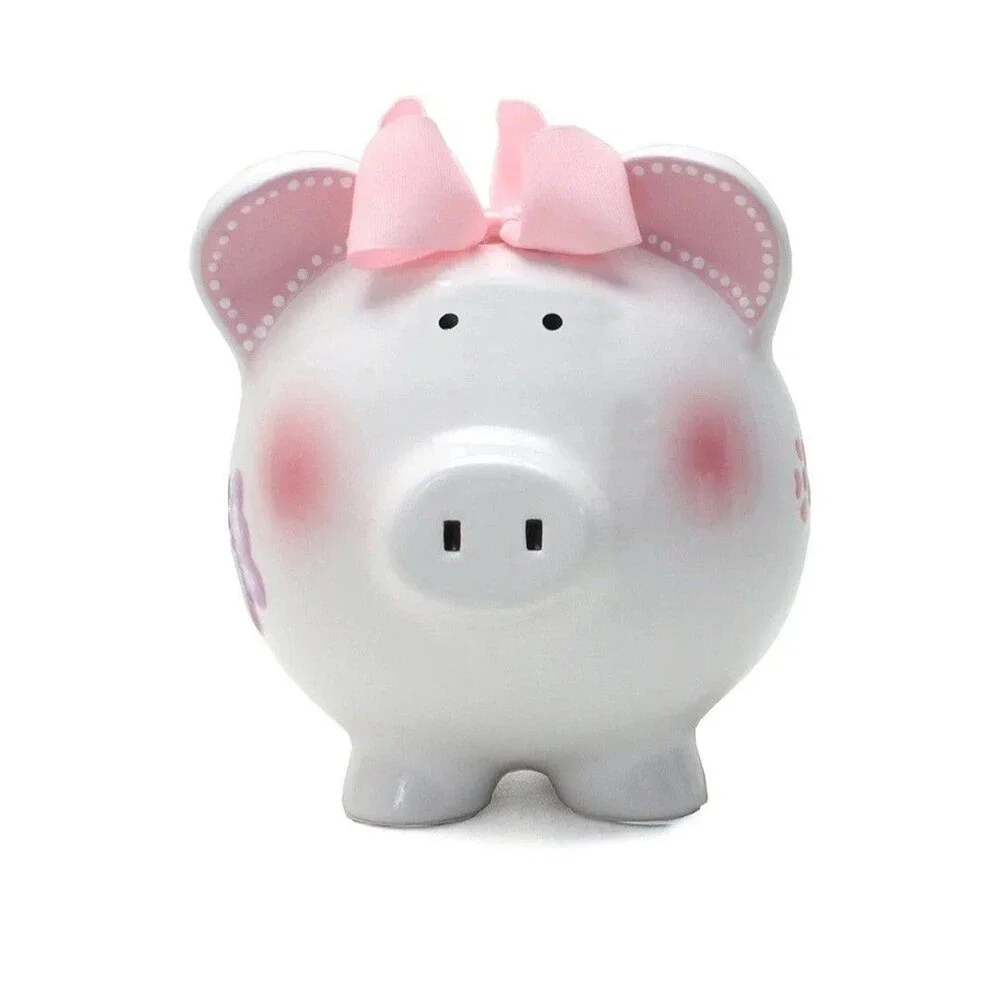 White Piggy Bank w/ Pink Bow, Butterfly & Flower Design, Animal Theme